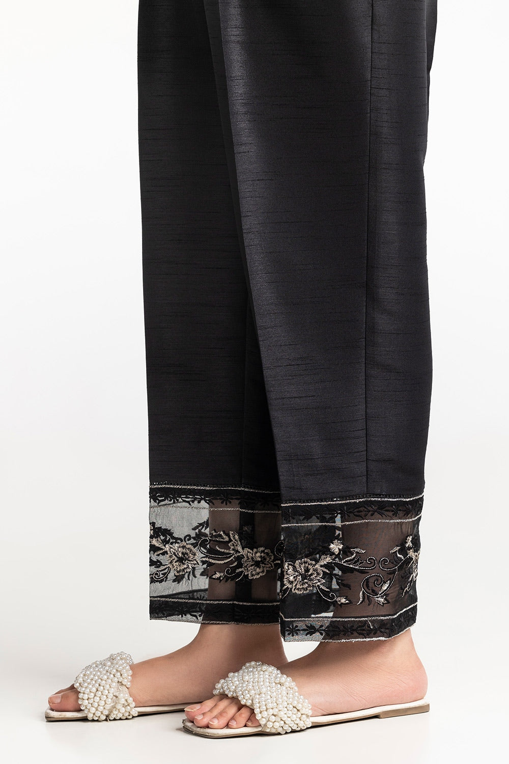 Black Rawsilk Embroidered Trouser