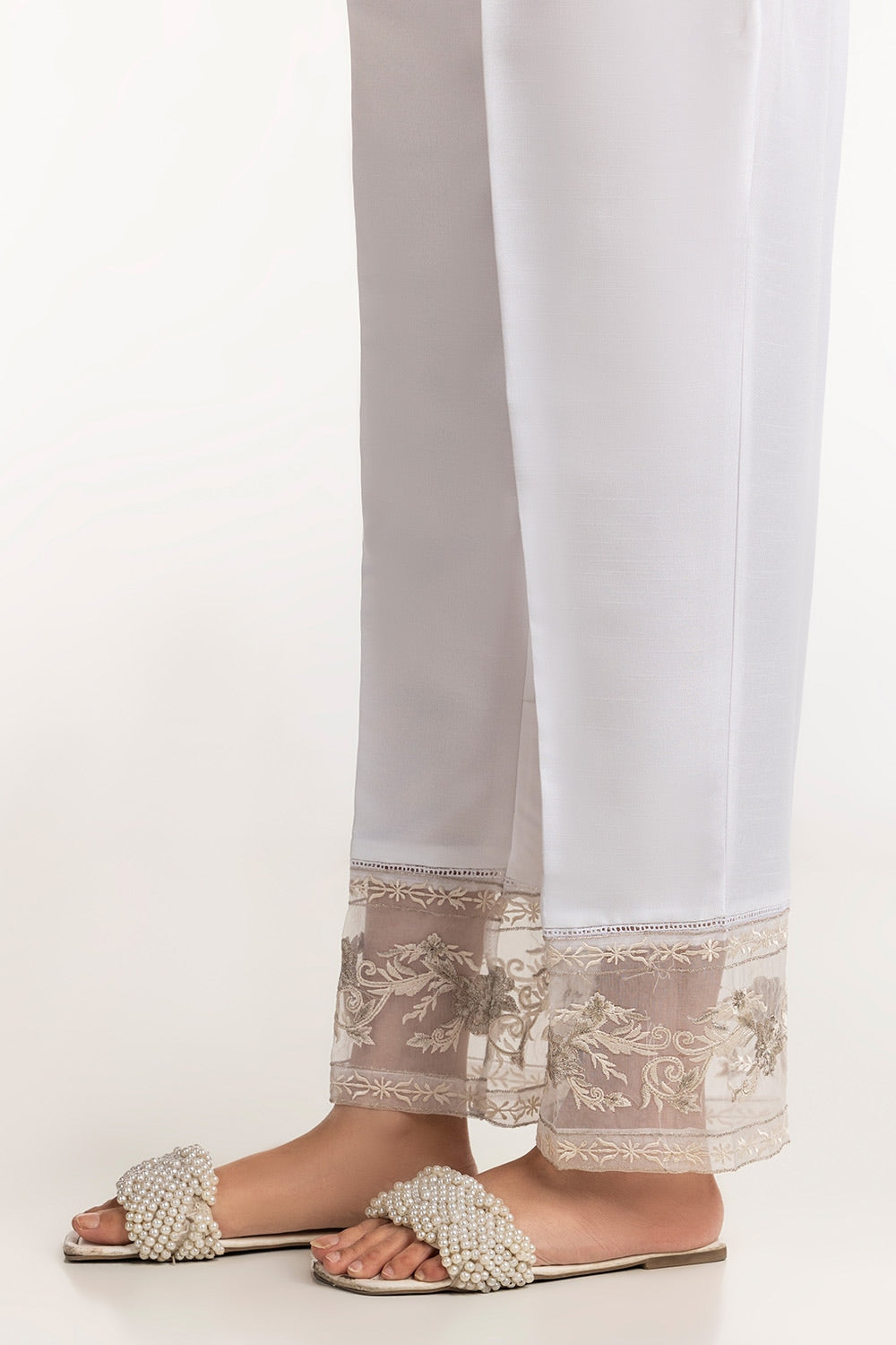 White Rawsilk Embroidered Trouser