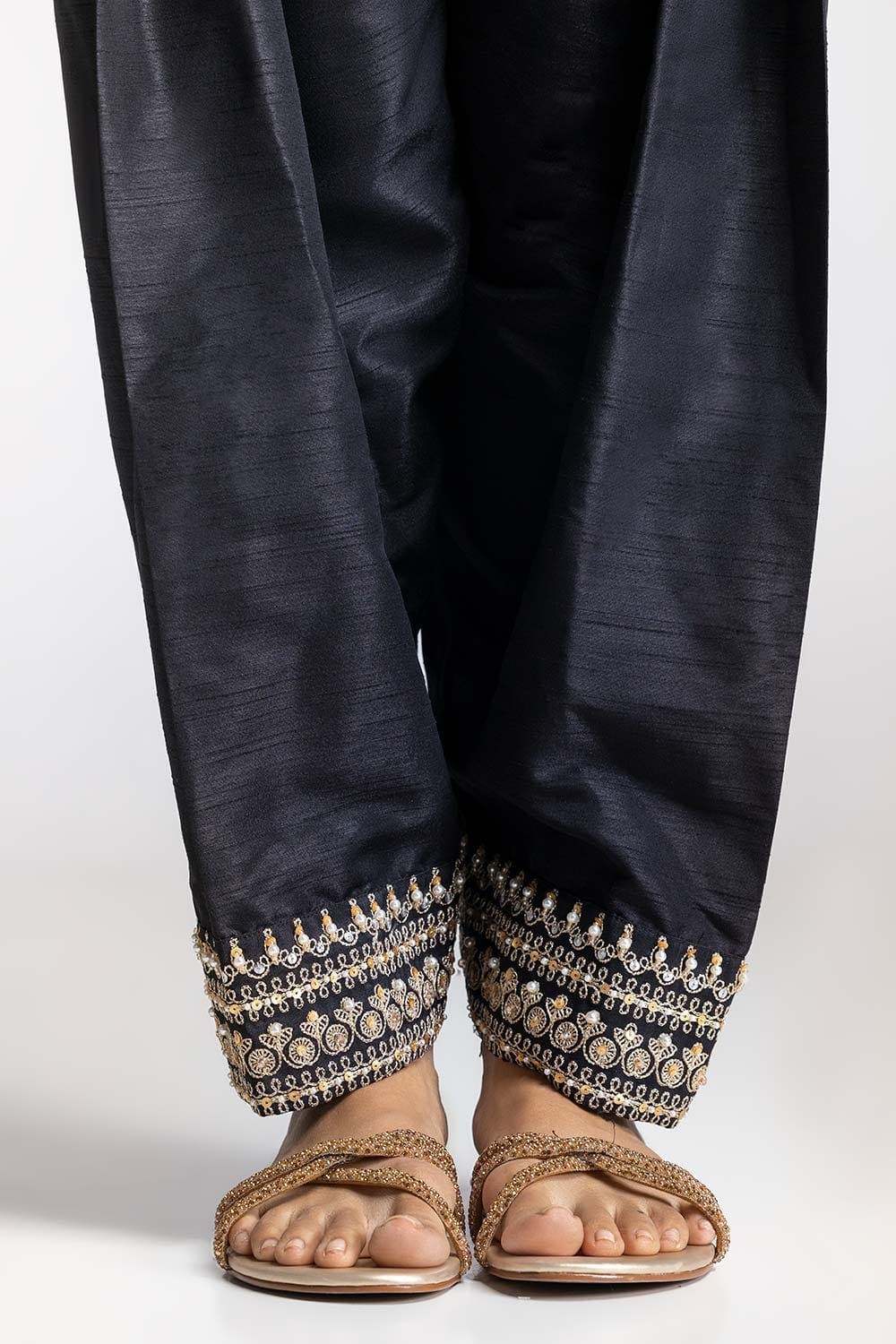 Black Dyed Embroidered Rawsilk Trouser
