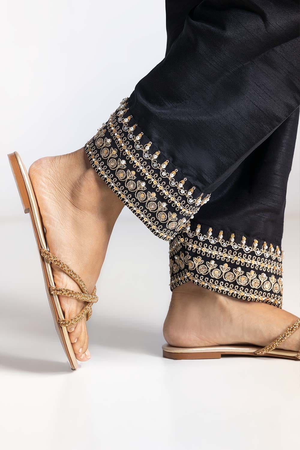 Black Dyed Embroidered Rawsilk Trouser