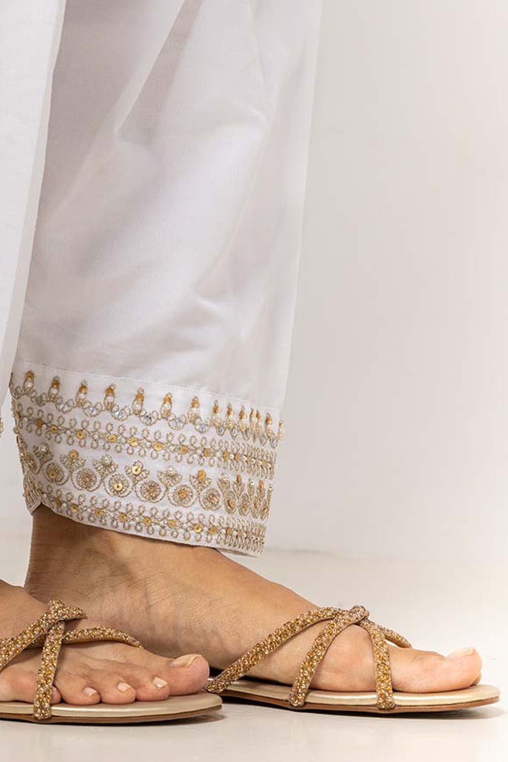 White Dyed Embroidered Rawsilk Shalwar