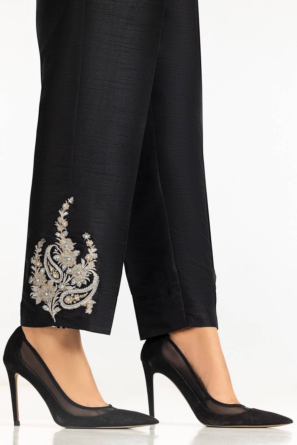 Black Rawsilk Embroidered Trouser