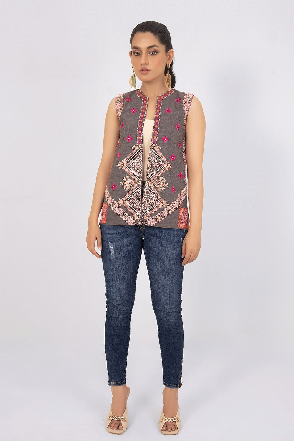 Denim Dyed Embroidered Waistcoat