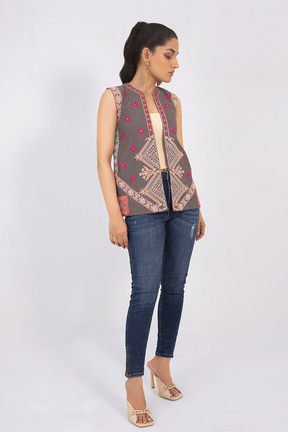 Denim Dyed Embroidered Waistcoat