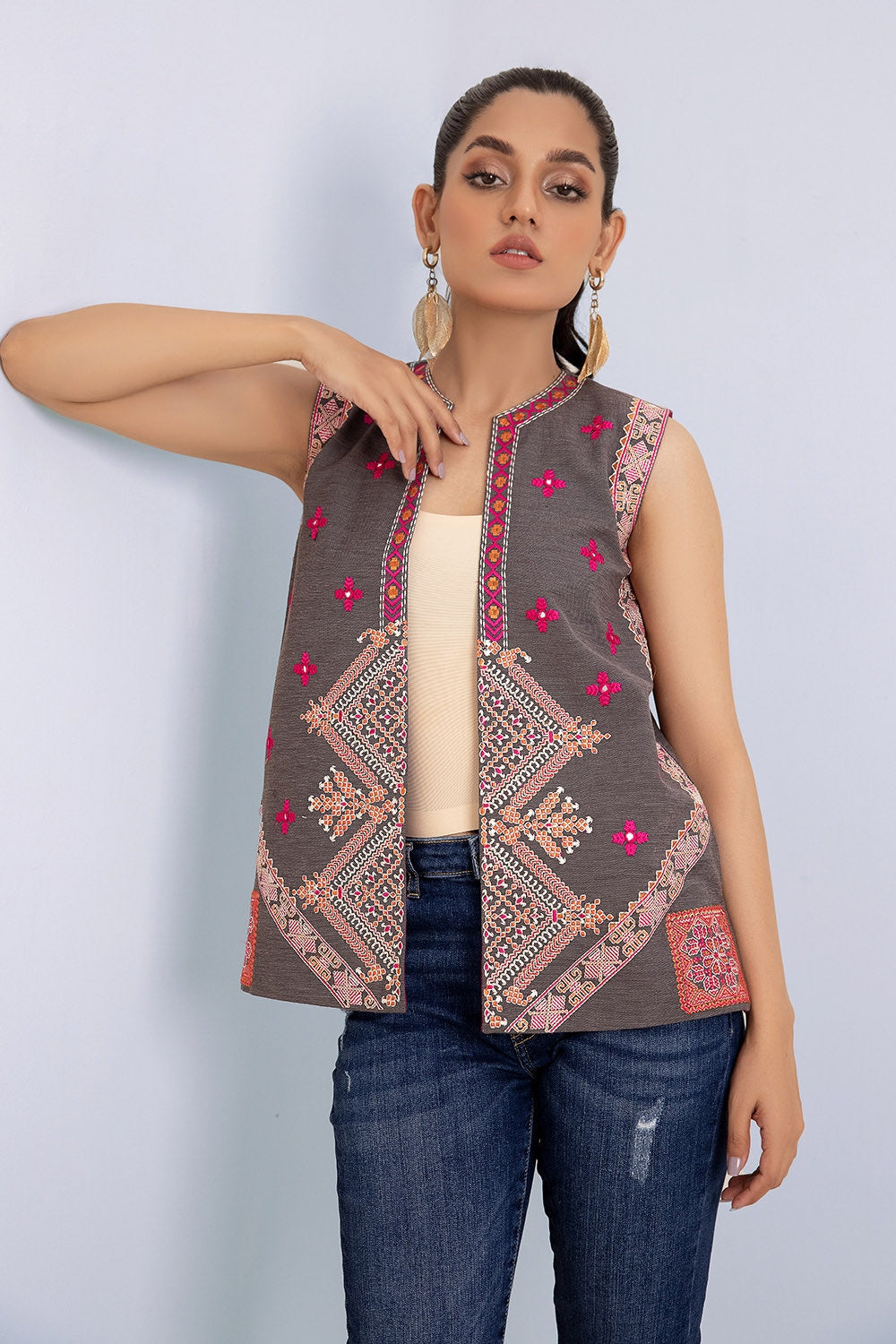 Denim Dyed Embroidered Waistcoat