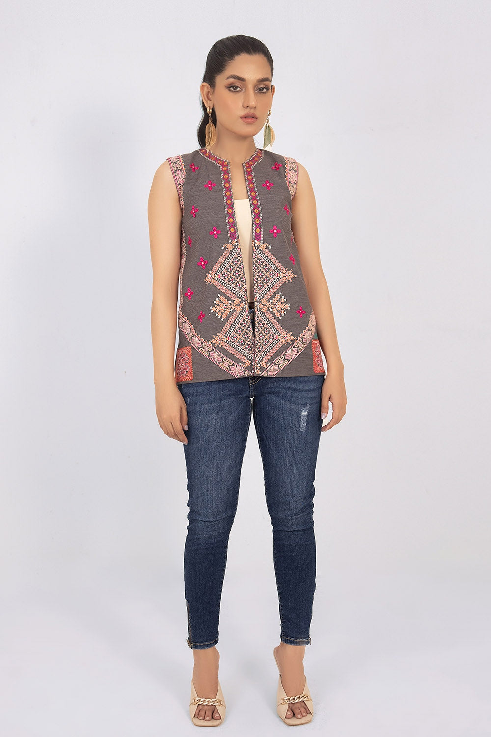 Denim Dyed Embroidered Waistcoat